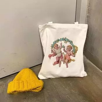 Новые женские сумки в стиле ретро с крыльями ангела для маленьких мальчиков и девочек, эротические буквы, мультяшный принт, Harajuku Ulzzang, парусиновая повседневная сумка на плечо 24*26cm