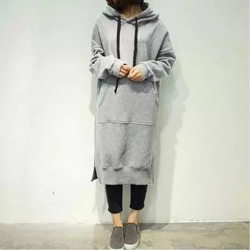 Новые женские свободные длинные толстовки с капюшоном, однотонные повседневные теплые толстовки с карманами и длинными рукавами L серый