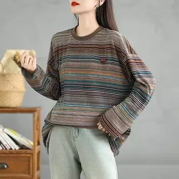Новые женские свободные топы больших размеров с длинным рукавом и круглым вырезом, повседневные, осенние, базовые, футболки, новые полосатые свитера M коричневый