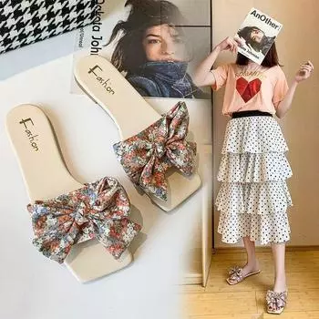 Новые женские тапочки, летние пляжные тапочки с принтом и бантиками, однословные сандалии, модные тапочки большого размера на плоской подошве 35 небесно-голубой