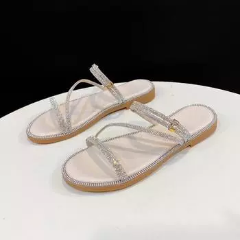 Новые женские тапочки, модные нескользящие тапочки на плоской подошве с узкими полосками и открытым носком, кожаные женские пляжные туфли без шнуровки