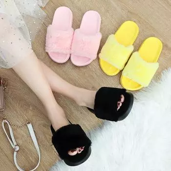 Новые женские тапочки, модные универсальные домашние плюшевые шлепанцы с плоской подошвой, домашние шлепанцы, осенне-зимние нескользящие тапочки 36-37 чёрный