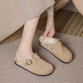 Новые женские тапочки, осенне-зимние кожаные тапочки с круглым носком, парные тапочки, повседневные, сохраняющие тепло женские замшевые шлепанцы 35 хаки