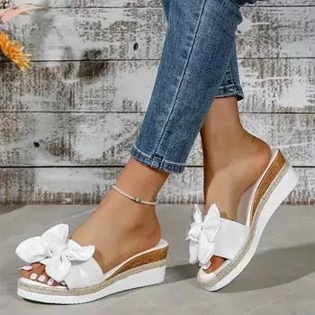 Новые женские тапочки, повседневные однотонные туфли на платформе с бантом, модные прогулочные сандалии с плетеными ремешками, Zapatilla Mujer 36 белый