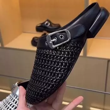 Новые женские тапочки с выемкамиЛетние туфли на среднем каблукеМягкие пляжные туфлиШлепанцы с пряжкойУличная обувьЧЕРНЫЙАПРИКРАСНЫЙ 35