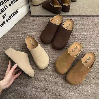 Новые женские тапочки с закрытым носком, замшевые сандалии, осенние новые ретро-туфли с плоской подошвой и ремешком на пятке 35 верблюд