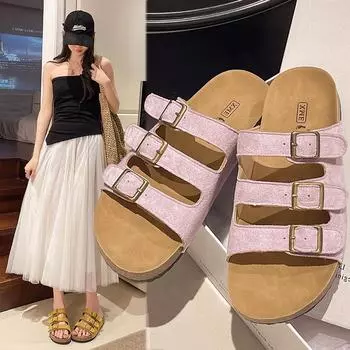 Новые женские тапочки в римском стиле с плоской подошвой, пряжкой на ремне, одной педалью, на толстой подошве, удобная верхняя одежда, классные домашние тапочки для женщин 35 бежевый