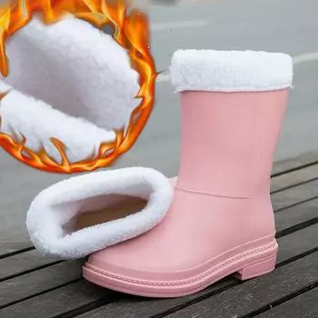 Новые женские теплые резиновые сапоги, модная водонепроницаемая обувь, водонепроницаемые зимние ботильоны, резиновые сапоги средней высоты, однотонные ботильоны 35 чёрный