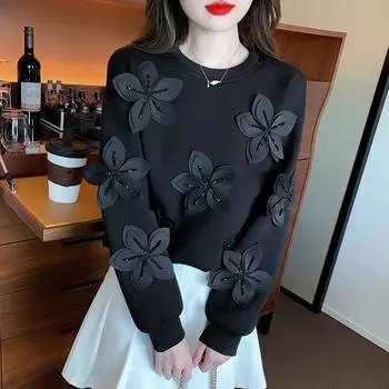 Новые женские толстовки и свитшоты с длинным рукавом и бантом, свободные повседневные с круглым вырезом и цветочным принтом, осенние базовые белые топы, футболка, новый пуловер One Size белый