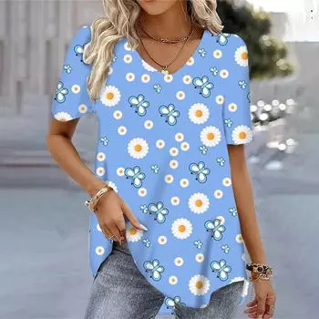 Новые женские топы с 3D цветочным принтом и короткими рукавами, модные повседневные дышащие футболки, топы, летние женские футболки с v-образным вырезом, рубашки, блузки 5XL