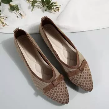 Новые женские трикотажные туфли на плоской подошве, дышащие, удобные, с бантом, повседневные, с острым носком, кроссовки для ходьбы, мокасины 36 абрикосовый