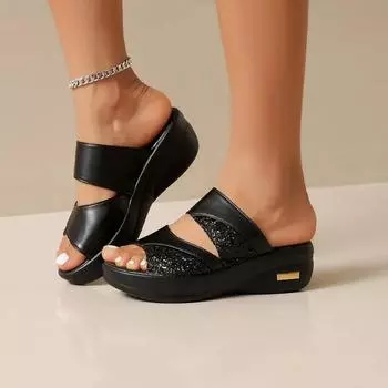 Новые женские туфли 2024 года, высококачественные женские тапочки, горячая распродажа, модные однотонные женские тапочки на танкетке с блестками на высоком каблуке 35