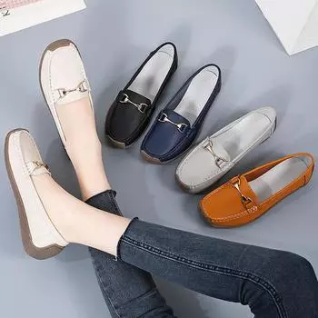 Новые женские туфли Bean из натуральной кожи One Step Lazy Shoes с мягкой подошвой Single Shoes с металлической пряжкой Mom Shoes 35