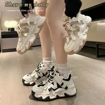 Новые женские туфли Черные папины массивные кроссовки повседневные вулканизированные туфли женские кроссовки на высокой платформе со шнуровкой белые кроссовки женские 2024 35 хаки