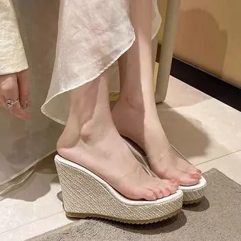 новые женские туфли домашние тапочки на платформе прозрачный ремешок каблук клин роскошные слайд мягкие летние модные 35