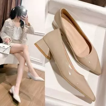 Новые женские туфли из лакированной кожи, туфли на толстом каблуке, высокие каблуки, женские темпераментные туфли с острым носком, сексуальные свадебные туфли-лодочки 35