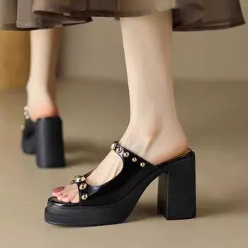 Новые женские туфли из натуральной кожи с круглым носком на платформе и толстом высоком каблуке, модные женские тапочки с заклепками, лето-весна, зеленый цвет 35 бежевый