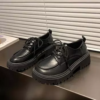 Новые женские туфли классические толстые каблуки черные женские одинарные туфли туфли Мэри Джейн с круглым носком на шнуровке маленькие кожаные туфли 35