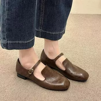 Новые женские туфли Lefu в британском стиле с пряжкой, маленькие кожаные туфли, универсальные туфли в стиле ретро на плоской подошве, одинарные туфли на каблуках для женщин 35 чёрный