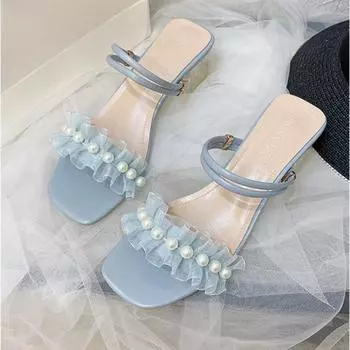 Новые женские туфли летние женские синие босоножки на низком каблуке с квадратной головкой модные женские 35