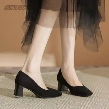 Новые женские туфли-лодочки из замши на высоком каблуке, женские сексуальные туфли для офиса с квадратным носком, туфли-лодочки для работы, черные, коричневые, на каблуке 6 см 33 чёрный