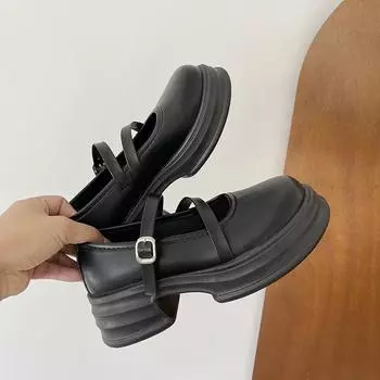 Новые женские туфли-лодочки Модные туфли Мэри Джейн на блочном каблуке Женская обувь с пряжками Маленькие кожаные туфли Ретро универсальные туфли Zapatos Mujer 35