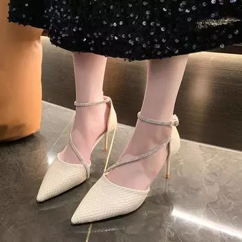 Новые женские туфли-лодочки на высоком каблуке со стразами, модные свадебные туфли с пряжкой, модные сандалии на высоком каблуке с острым носком, модельные туфли 34 бежевый