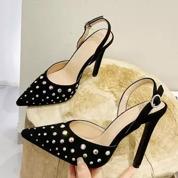 Новые женские туфли-лодочки с блестками и стразами, пикантные весенние туфли на шпильке с острым носком и пряжкой сзади, сандалии с ремешком 35 чёрный