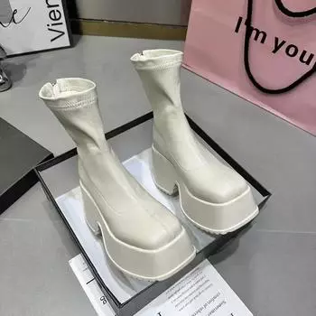 Новые женские туфли, модные туфли с молнией сзади, на высокой платформе и толстой подошве, элегантные короткие женские ботинки, женские зимние короткие ботинки 35 бежевый