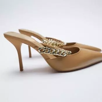 Новые женские туфли-мулы с цепочкой на поясе, коричневые туфли на шпильке, элегантный острый носок Мэри Джейн для женщин, большие размеры, черный цвет 36 абрикосовый