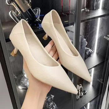 Новые женские туфли на каблуке с острым носком и неглубоким носком, кожаные одноместные туфли на металлическом каблуке для четырех сезонов, модная женская обувь 33