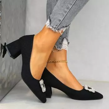 Новые женские туфли на квадратном каблуке с жемчугом и кристаллами, женские туфли-лодочки с пряжкой, туфли-лодочки с острым носком, черные туфли на высоком каблуке, женские свадебные туфли 34 чёрный