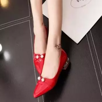 Новые женские туфли на плоской подошве из лакированной кожи, туфли-лодочки с квадратным носком, две жемчужины, туфли на низком каблуке, черные, офисные, неглубокие, Zapatos Mujer 35 чёрный