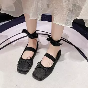 Новые женские туфли на плоской подошве, розовые балетки, женские однотонные туфли, модные туфли Мэри Джейн на шнуровке для девочек, милые цветы, женские, весна 2024 г. 35 чёрный