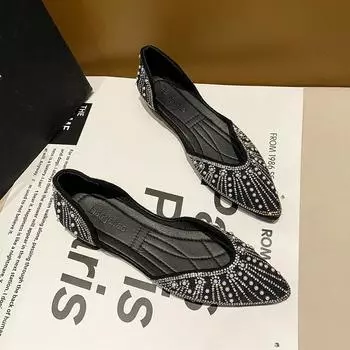 Новые женские туфли на плоской подошве с острым носком и стразами, осенние заклепки, классические женские туфли на плоской подошве, женские балетки, мягкие туфли-лодочки 35 светло-зеленый