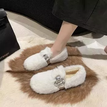 Новые женские туфли на плоской подошве, теплые короткие домашние туфли с плюшевой подкладкой, женские мокасины, модные мокасины со стразами, нескользящие повседневные туфли 35 чёрный
