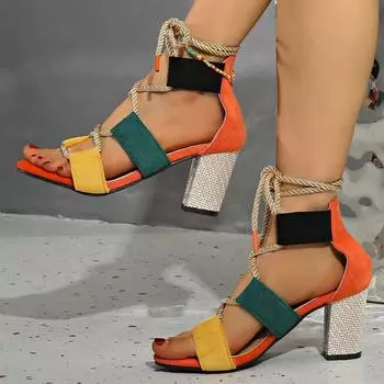 Новые женские туфли на шнуровке спереди, женские босоножки, модные цветные сандалии для платья, женские летние босоножки больших размеров на каблуке 35