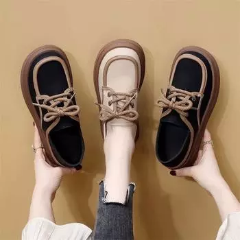 Новые женские туфли на весну, черные кожаные туфли на толстой подошве в британском стиле, женские мокасины-маффины, универсальные черные туфли 35 абрикосовый