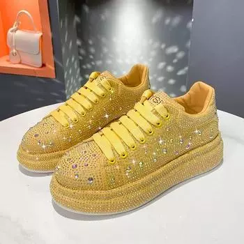 Новые женские туфли с инкрустацией бриллиантами 2024 года, модные спортивные туфли со стразами на толстой подошве, повседневная обувь для улицы 35 чёрный