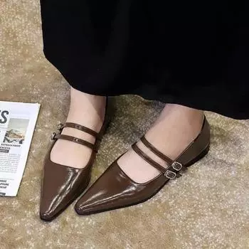 Новые женские туфли с острым носком, модные туфли с мелкой пряжкой, женские туфли на низком каблуке из кожи 35