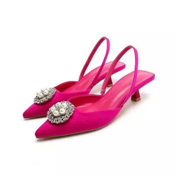 Новые женские туфли с острым носком, туфли телесного розового цвета с жемчугом и низким каблуком, с ремешками сзади, женские сандалии 35