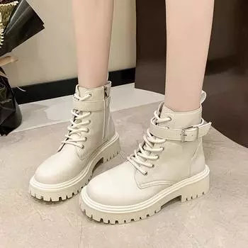 Новые женские туфли весна и осень высокое качество круглый носок средний каблук шнуровка однотонные женские короткие ботинки с боковой молнией 35