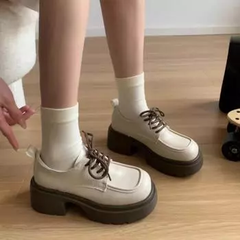 Новые женские туфли высокого качества, модные весенне-осенние, с круглым носком, однотонные, со средним каблуком, на шнуровке, повседневные женские лоферы 35