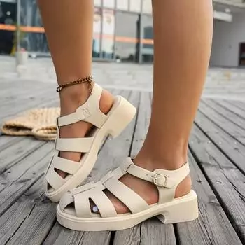 Новые женские туфли, женские сандалии с закрытым носком, модные повседневные сандалии с пряжкой на ремне, женские летние босоножки больших размеров на каблуке 36 бежевый