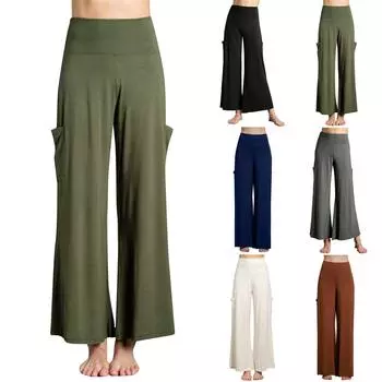 Новые женские удобные однотонные широкие брюки для йоги с карманами, брюки для йоги с высокой талией L