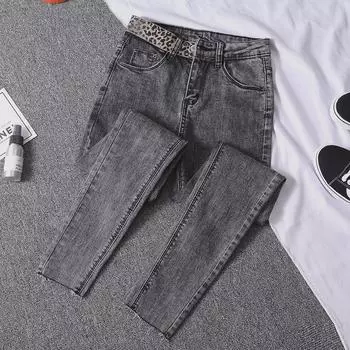 Новые женские узкие джинсы дымчато-серого цвета с высокой талией и эластичной строчкой с леопардовым принтом 28