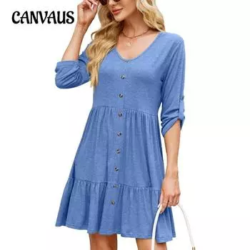 Новые женские весенне-летние однотонные платья с круглым вырезом, застегивающиеся на пуговицы, со складками и рукавами средней длины S чёрный