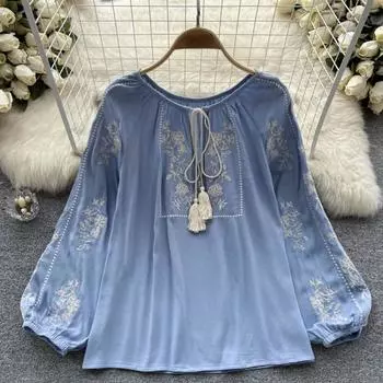 Новые женские весенне-летние винтажные готические блузки с французским принтом, свободные топы с длинными рукавами и вышивкой в стиле ретро One Size оранжевый