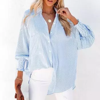 Новые женские весенние и осенние топы, полосатые рубашки с воротником-стойкой, свободные женские рубашки с длинными рукавами и пузырьками S чёрный