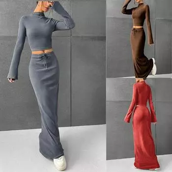 Новые женские водолазки повседневные женские осенне-зимние комплекты из двух частей юбок футболка с длинным рукавом эластичная резинка на талии длинная юбка уличная одежда S красный